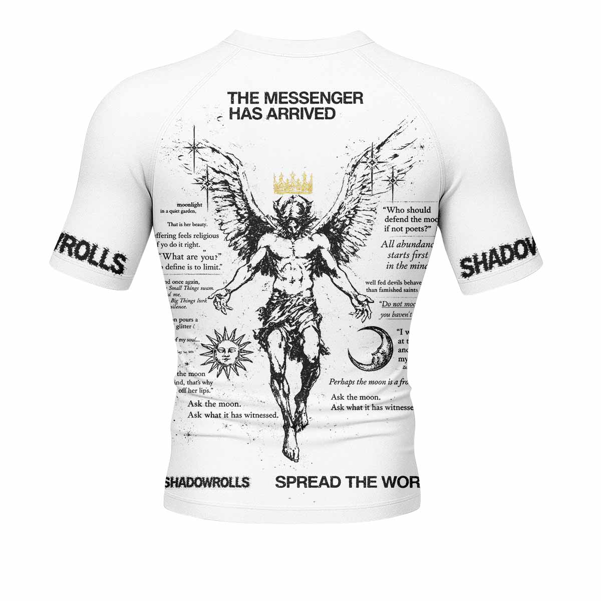 The Messenger Has Arrived White Men's Rash Guard Short Sleeve - back view mockup