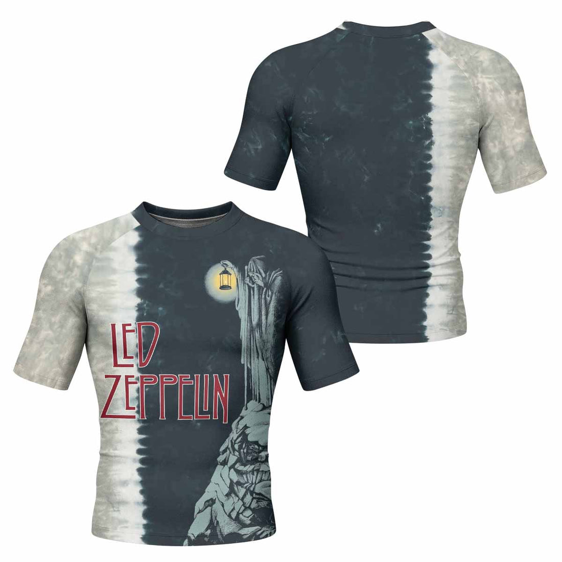 Led Zeppelin The Hermit Men's Rash Guard Short Sleeve - front and back view