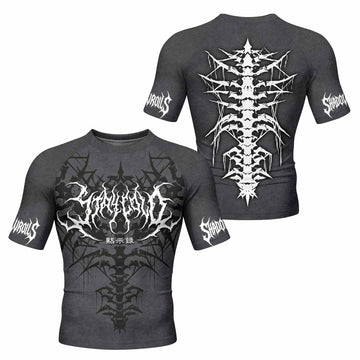 Black Metal Gothic Spine Men's Rash Guard Short Sleeve - front and back view
