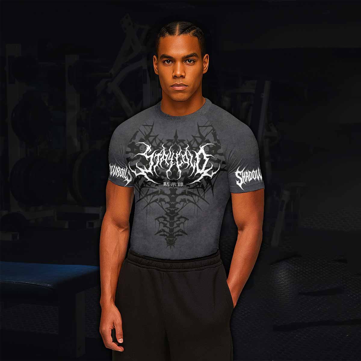 Black Metal Gothic Spine Men's Rash Guard Short Sleeve - lifestyle view