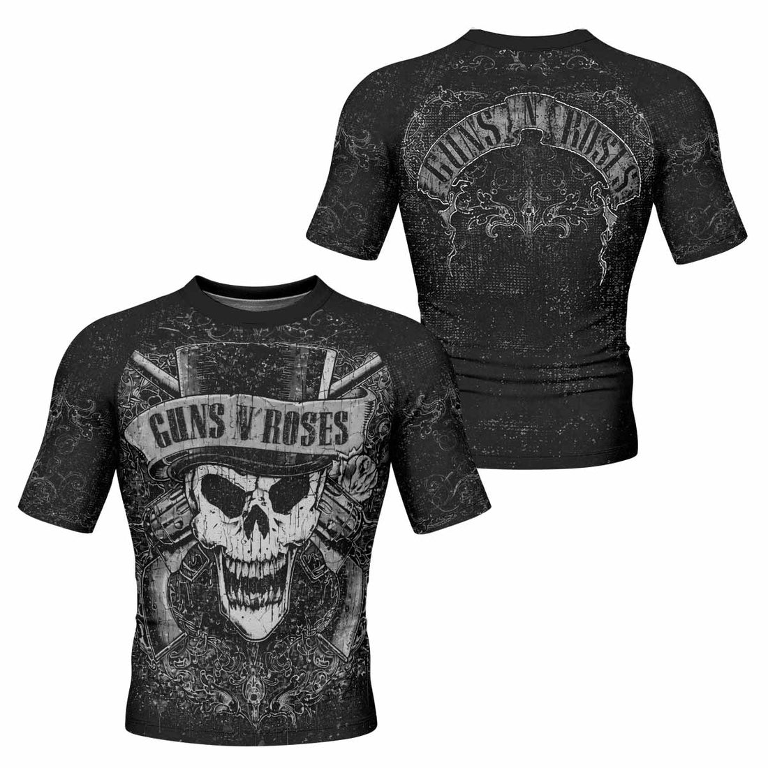 Guns N' Roses Skull Men's Rash Guard Short Sleeve - front and back view