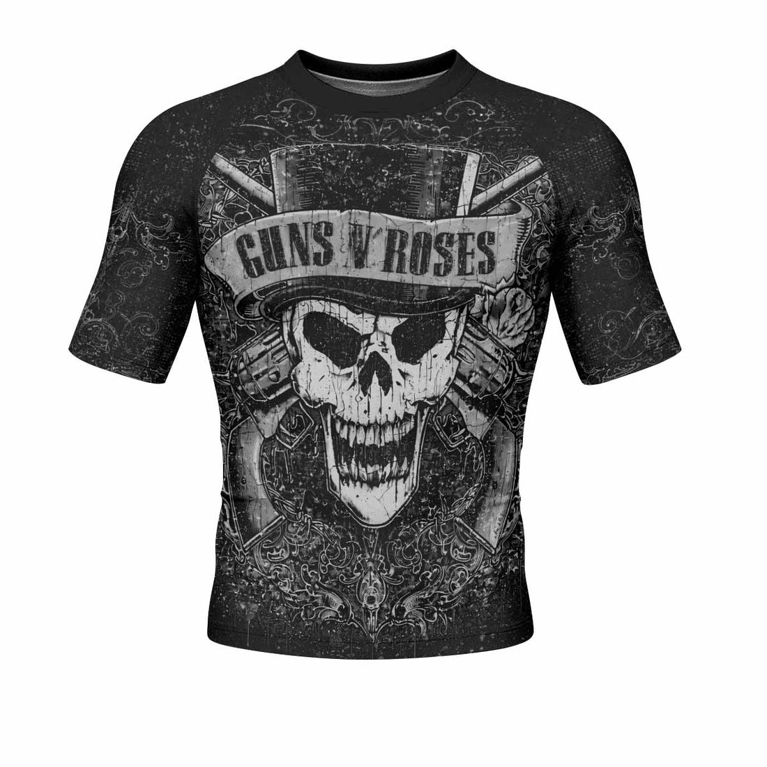 Guns N' Roses Skull Men's Rash Guard Short Sleeve - front and back view