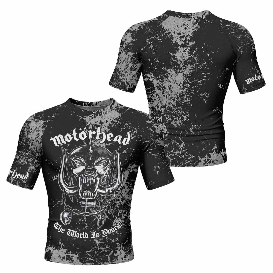 Motörhead The Wörld Is Yours Men's Rash Guard Short Sleeve - front and back view