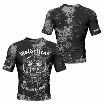 Motörhead The Wörld Is Yours Men's Rash Guard Short Sleeve - front and back view