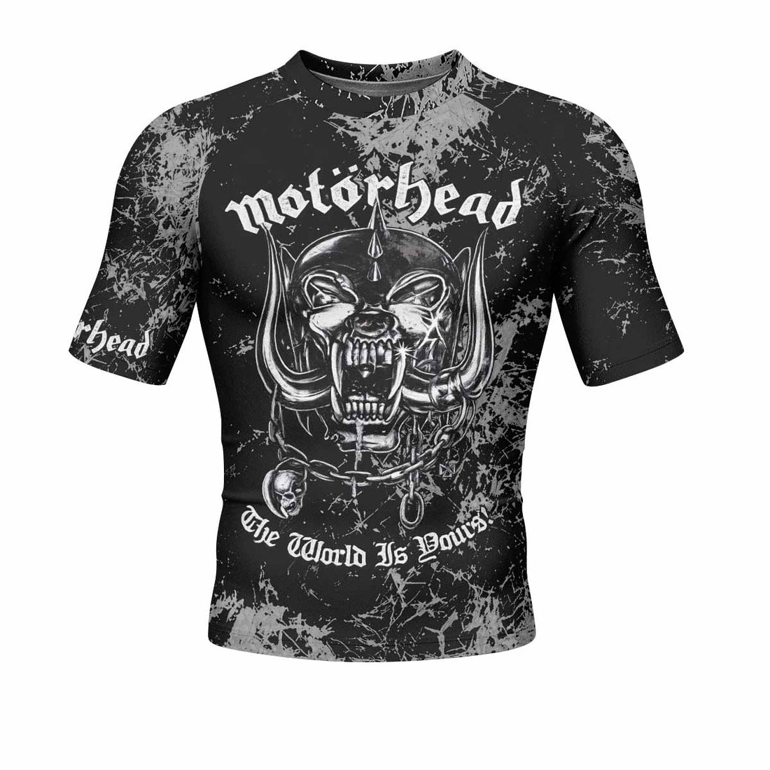 Motörhead The Wörld Is Yours Men's Rash Guard Short Sleeve - front and back view