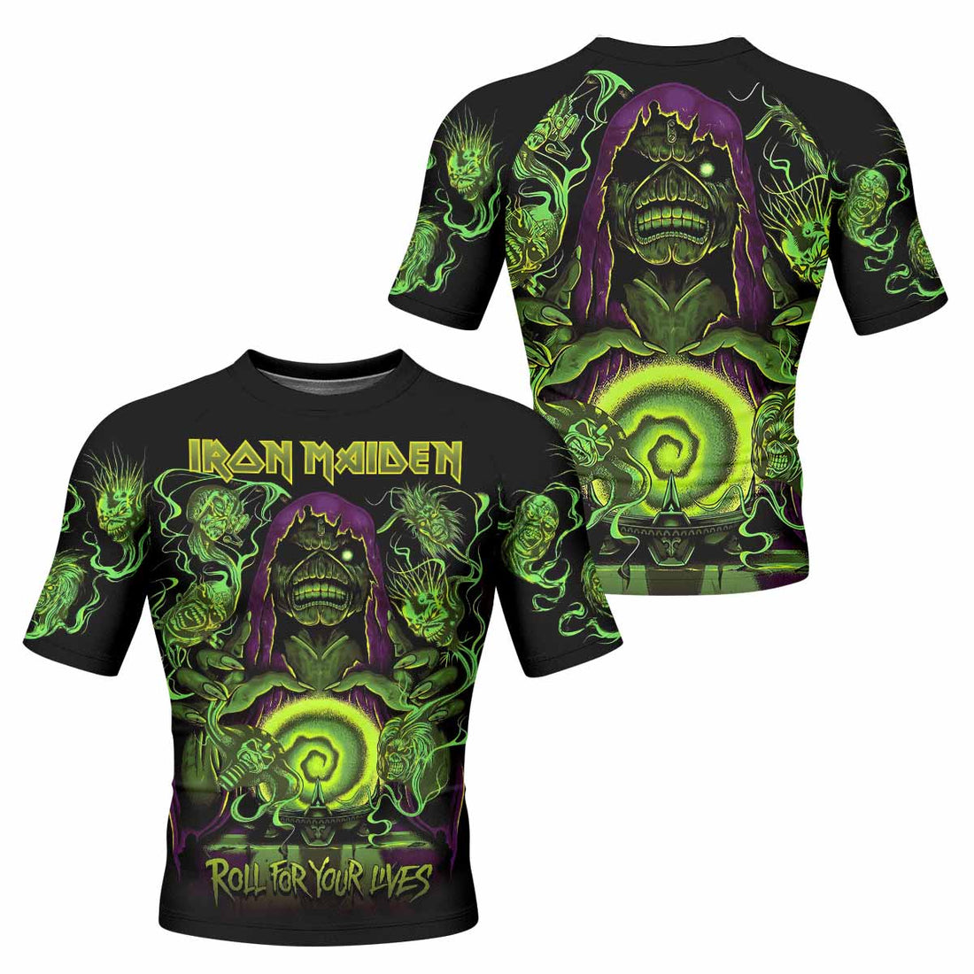 Iron Maiden Run For Your Lives Men's Rash Guard Short Sleeve - front and back view