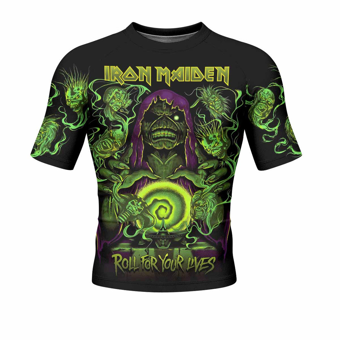 Iron Maiden Run For Your Lives Men's Rash Guard Short Sleeve - front and back view