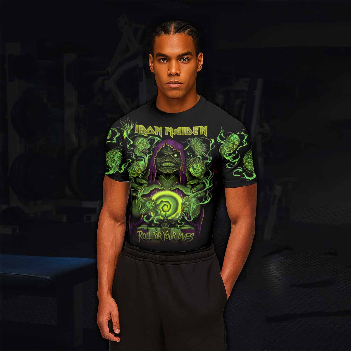 Iron Maiden Run For Your Lives Men's Rash Guard Short Sleeve - lifestyle view