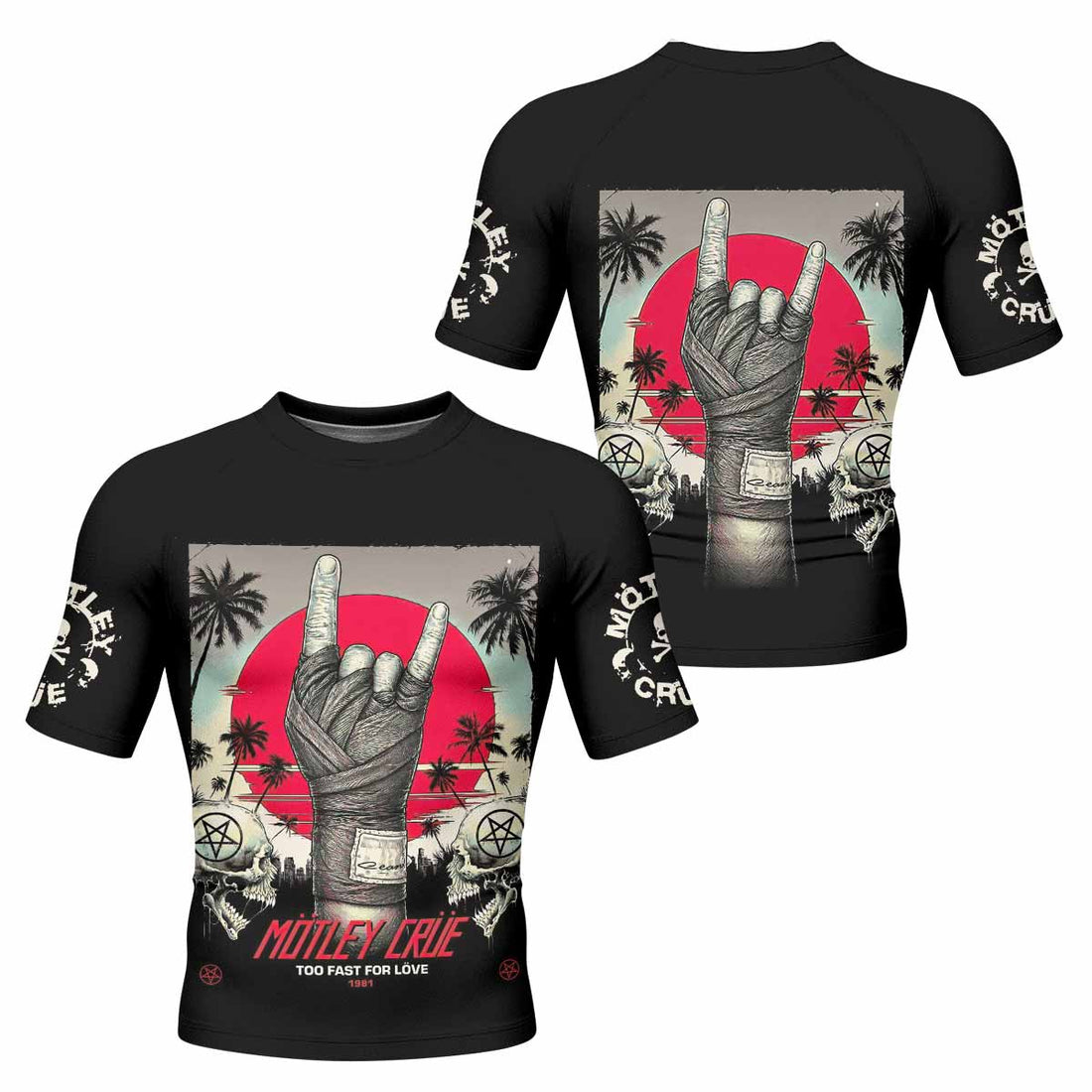 Mötley Crüe Too Fast for Love Men's Rash Guard Short Sleeve - front and back view