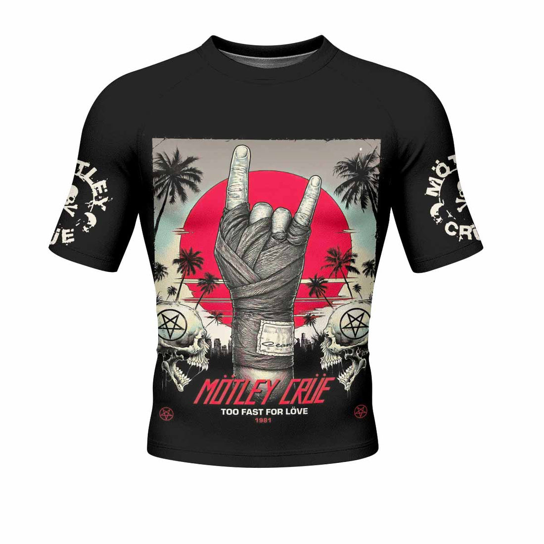 Mötley Crüe Too Fast for Love Men's Rash Guard Short Sleeve - front and back view