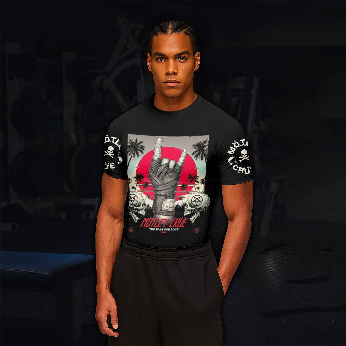 Mötley Crüe Too Fast for Love Men's Rash Guard Short Sleeve - lifestyle view