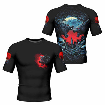 Twin Wolf Apocalypse Men's Rash Guard Short Sleeve - front and back view