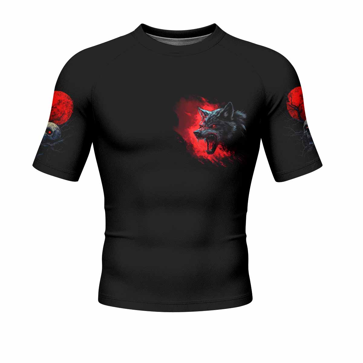 Twin Wolf Apocalypse Men's Rash Guard Short Sleeve - front view mockup