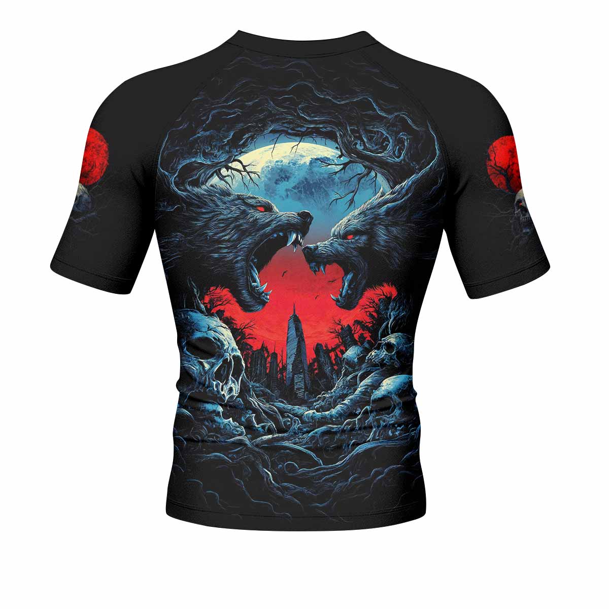 Twin Wolf Apocalypse Men's Rash Guard Short Sleeve - back view mockup