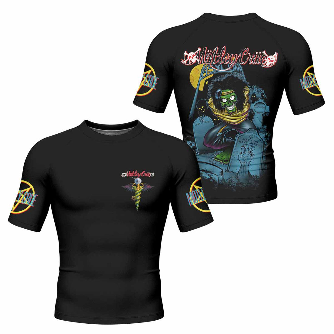 Mötley Crüe Dr. Feelgood Men's Rash Guard Short Sleeve - front and back view