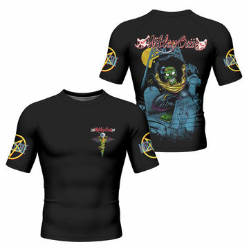 Mötley Crüe Dr. Feelgood Men's Rash Guard Short Sleeve - front and back view