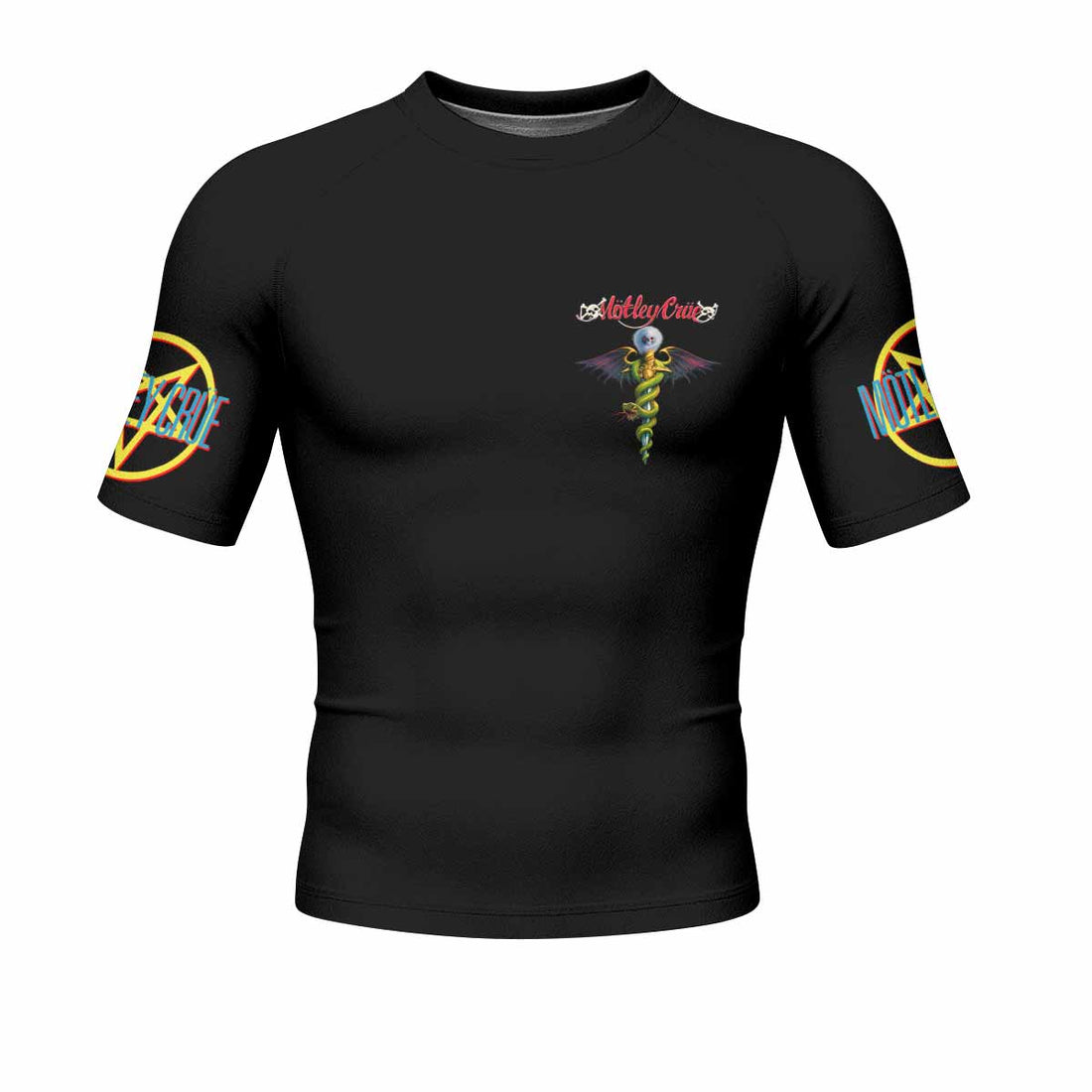Mötley Crüe Dr. Feelgood Men's Rash Guard Short Sleeve - front and back view