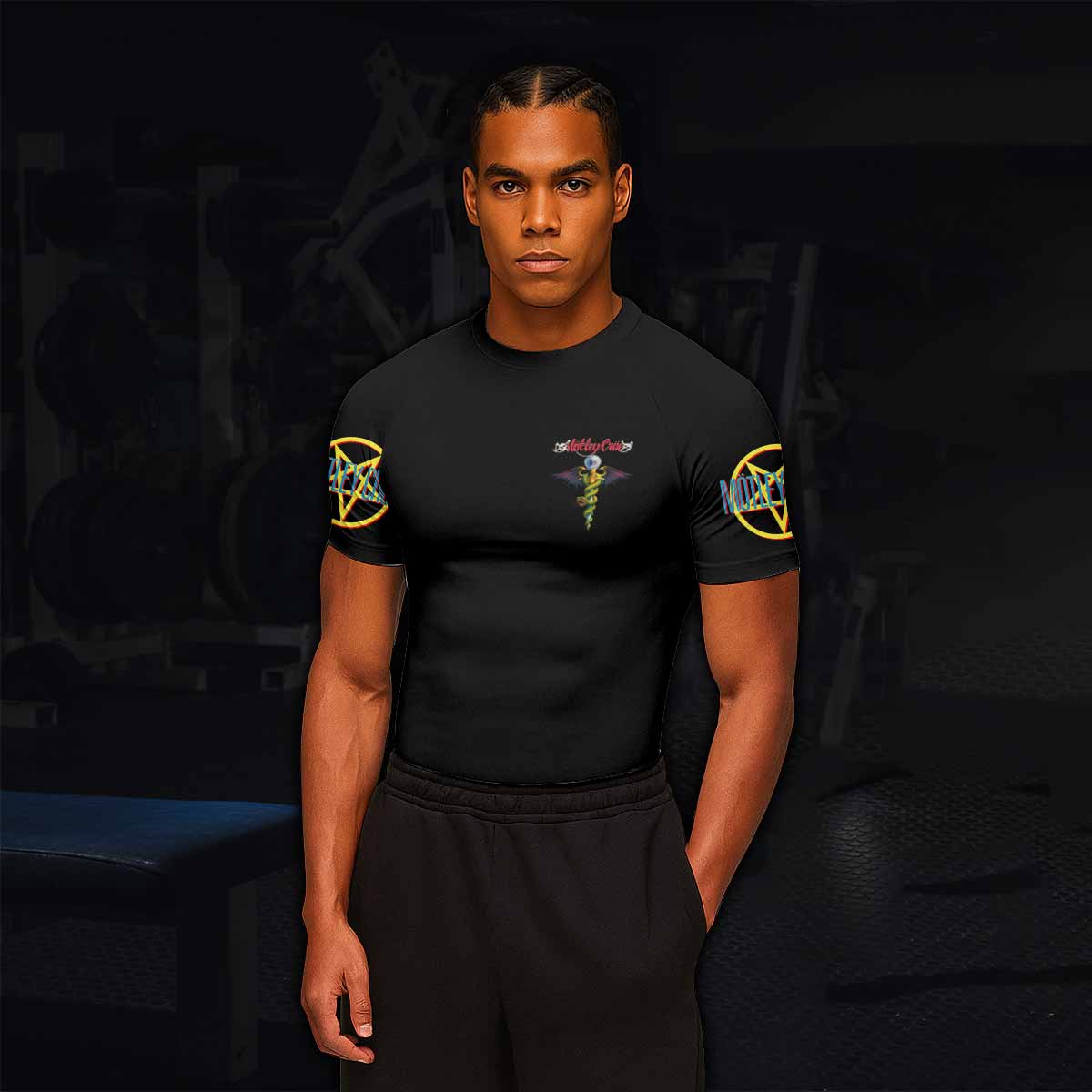 Mötley Crüe Dr. Feelgood Men's Rash Guard Short Sleeve - lifestyle view