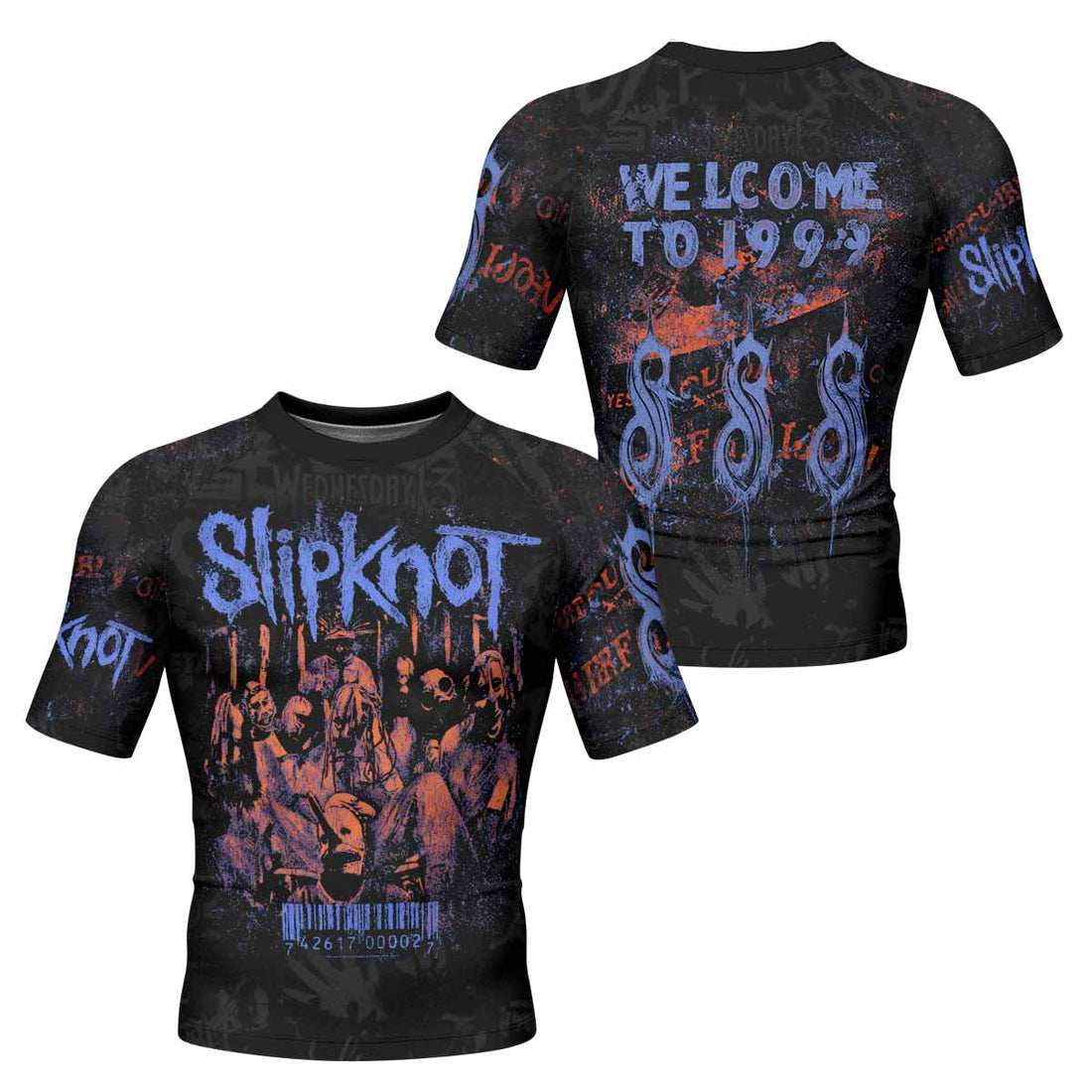 Slipknot Welcome To 1999 Men's Rash Guard Short Sleeve - front and back view