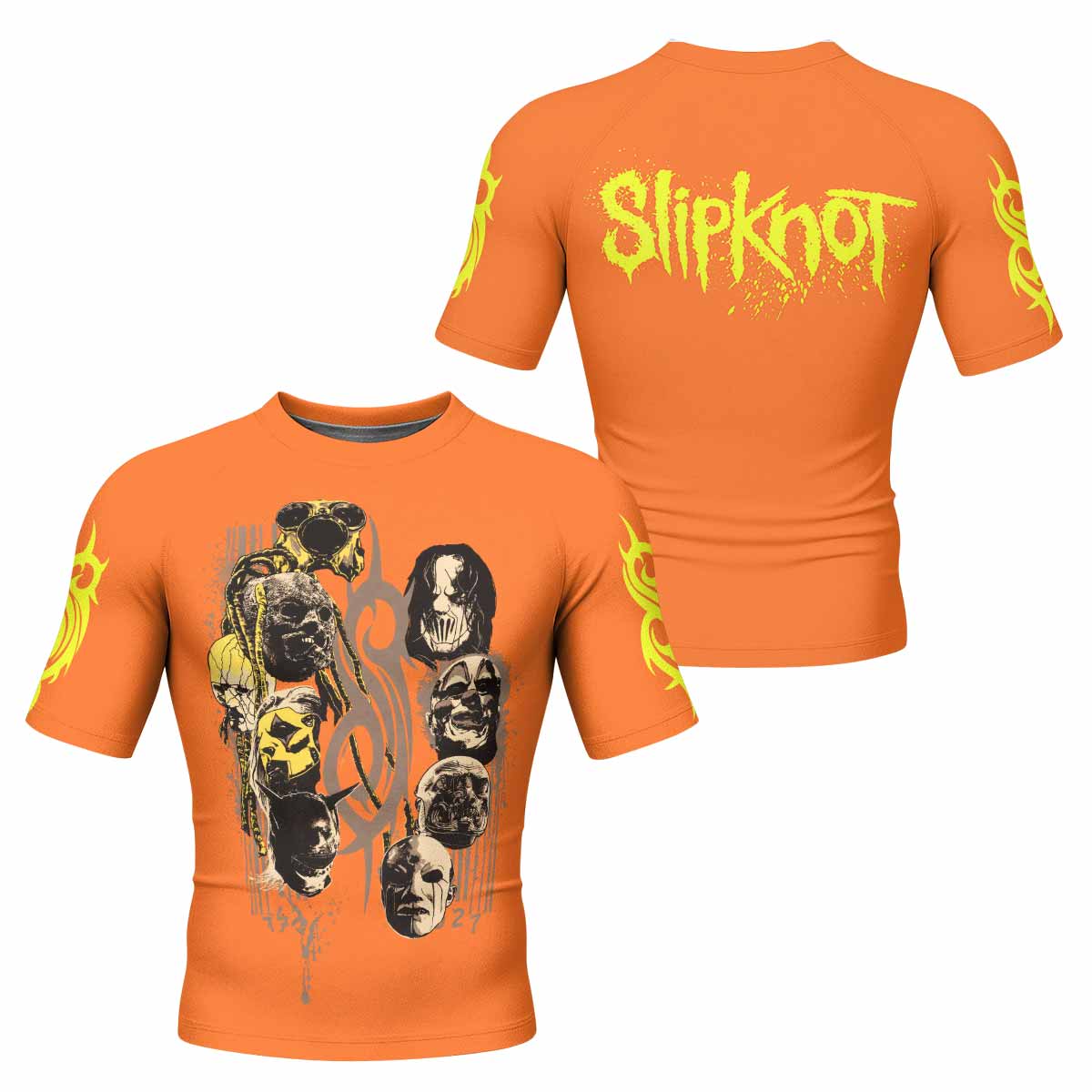 Slipknot Splatter Orange Men's Rash Guard Short Sleeve - front and back view