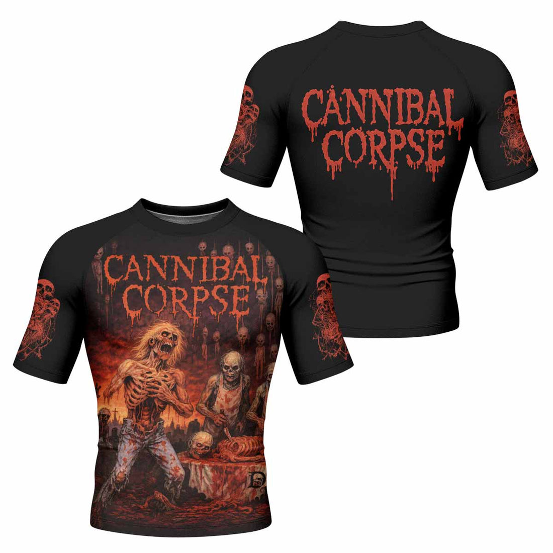 Cannibal Corpse Eaten Back to Life Men's Rash Guard Short Sleeve - front and back view