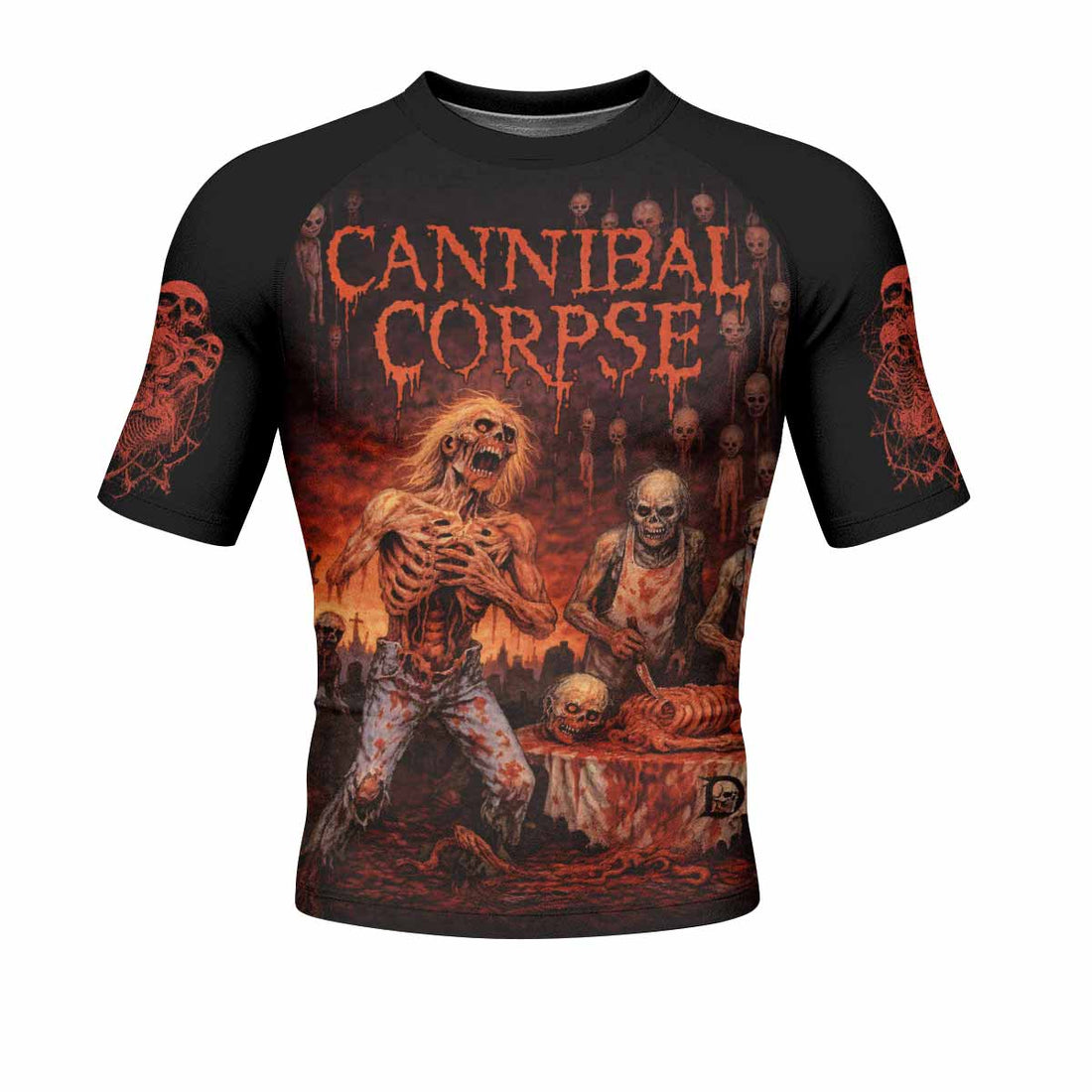 Cannibal Corpse Eaten Back to Life Men's Rash Guard Short Sleeve - front and back view