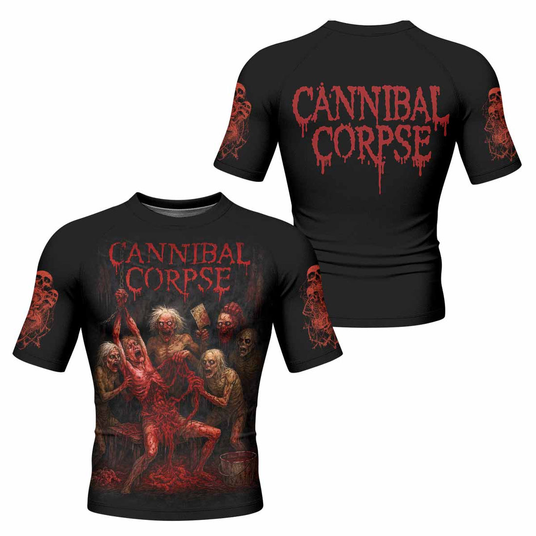 Butchered at Birth Cannibal Corpse Men's Rash Guard Short Sleeve - front and back view