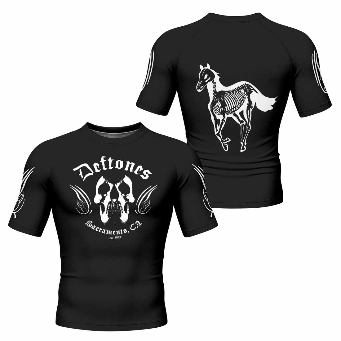 Deftones Sacramento Men's Rash Guard Short Sleeve - front and back view