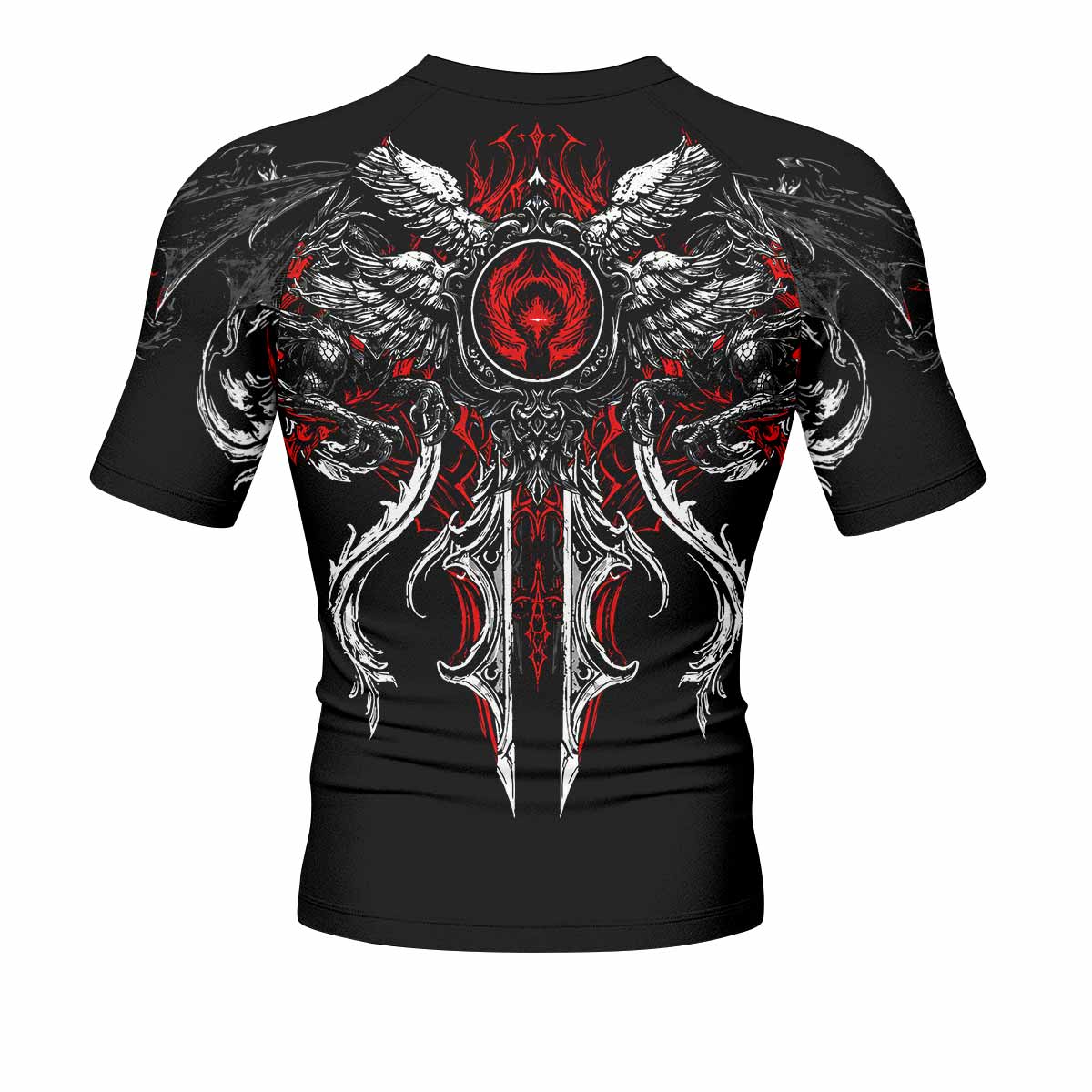 Crimson Seraphim Men's Rash Guard Short Sleeve - back view mockup