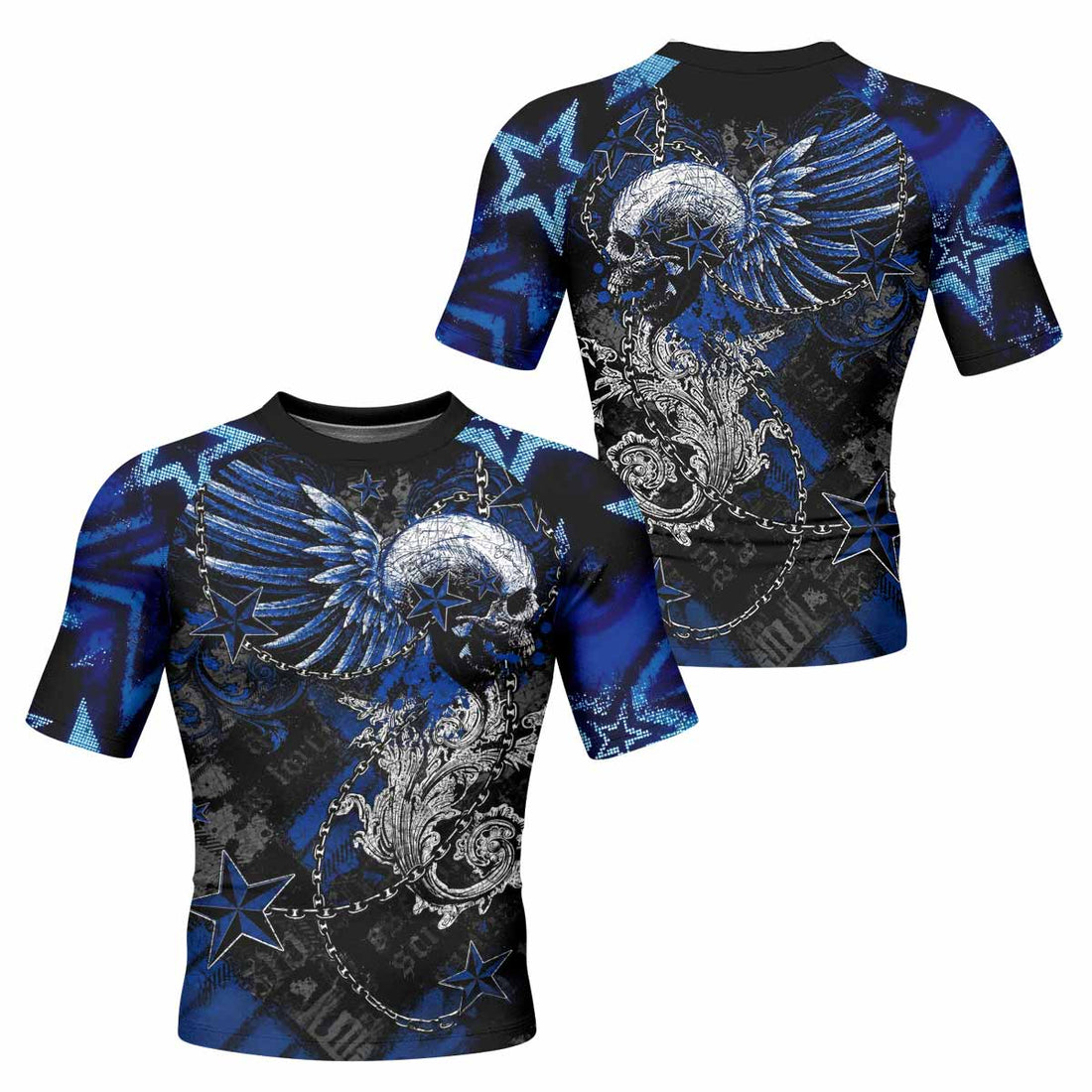 Blue Winged Skull Men's Rash Guard Short Sleeve - front and back view