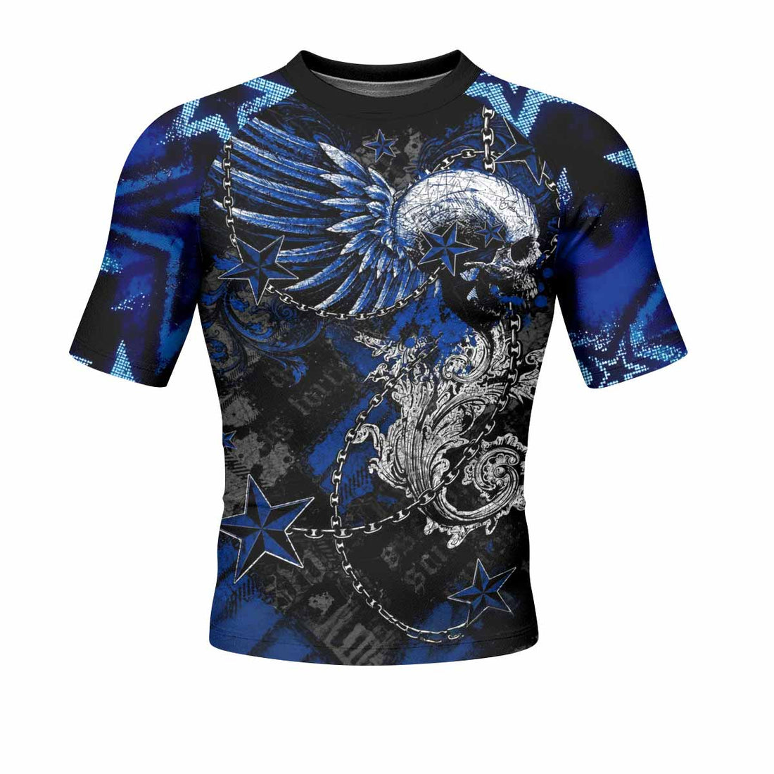 Blue Winged Skull Men's Rash Guard Short Sleeve - front and back view