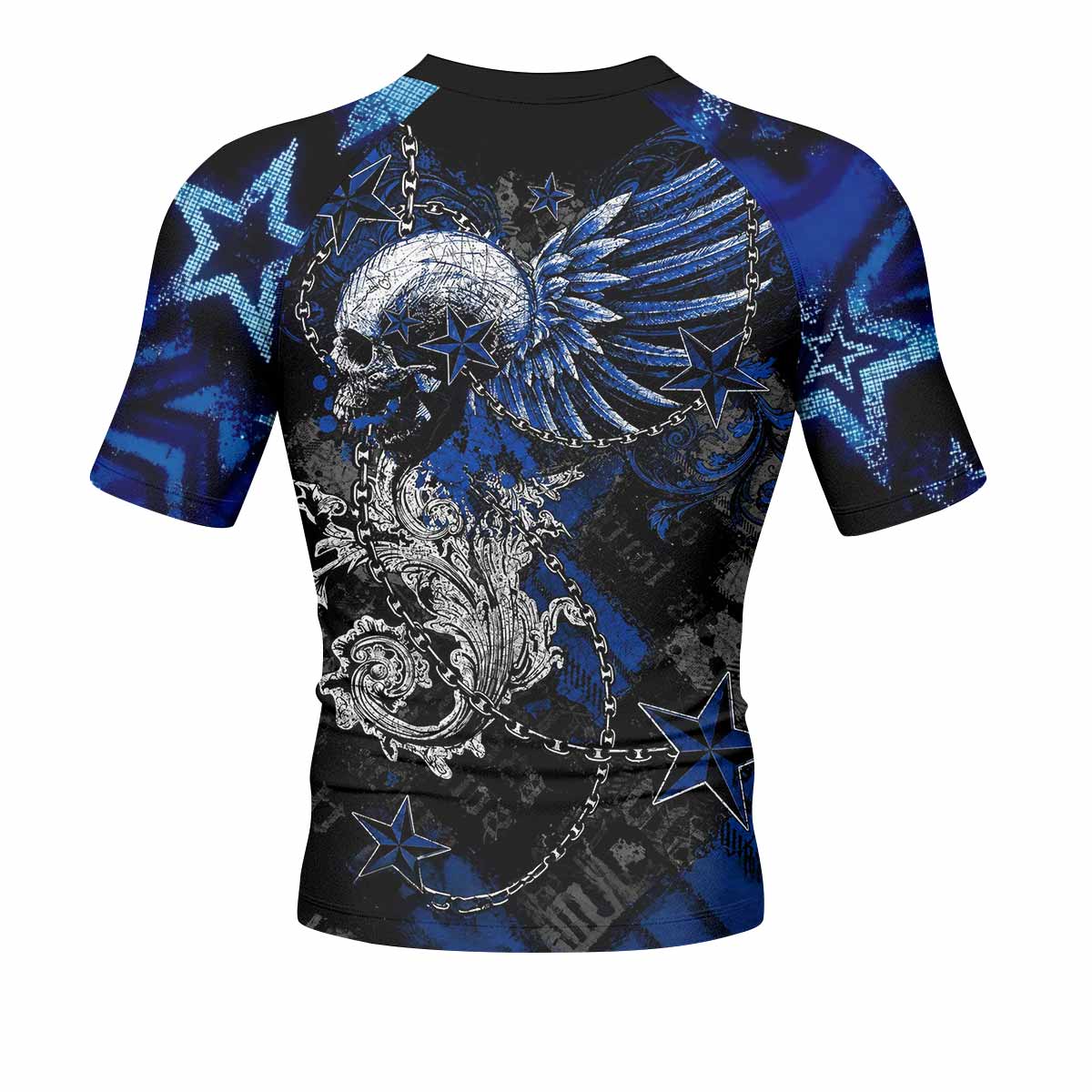 Blue Winged Skull Men's Rash Guard Short Sleeve - back view mockup