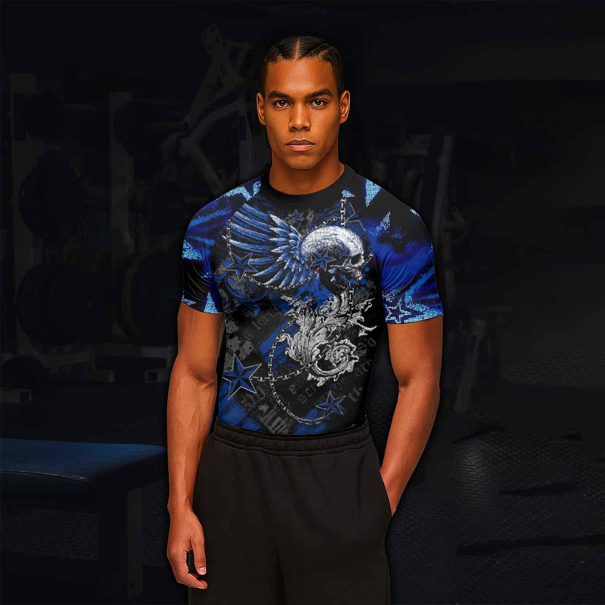 Blue Winged Skull Men's Rash Guard Short Sleeve - lifestyle view