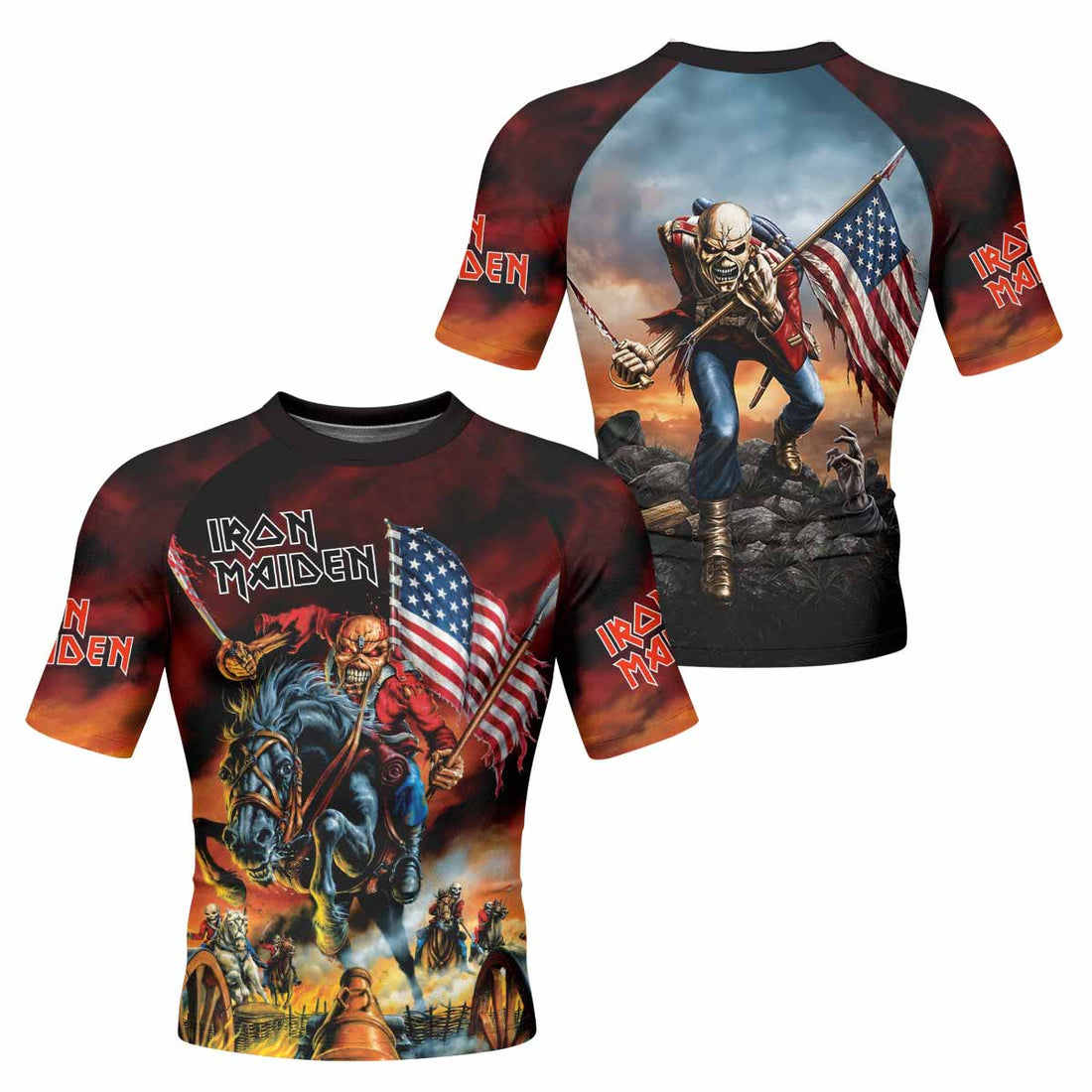 Iron Maiden American Flag Men's Rash Guard Short Sleeve - front and back view