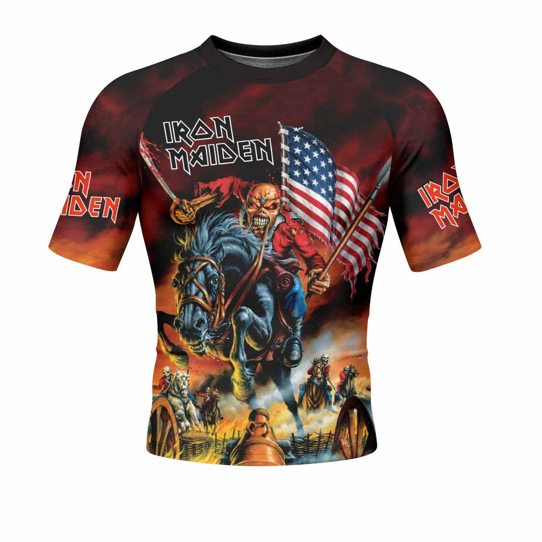 Iron Maiden American Flag Men's Rash Guard Short Sleeve - front and back view