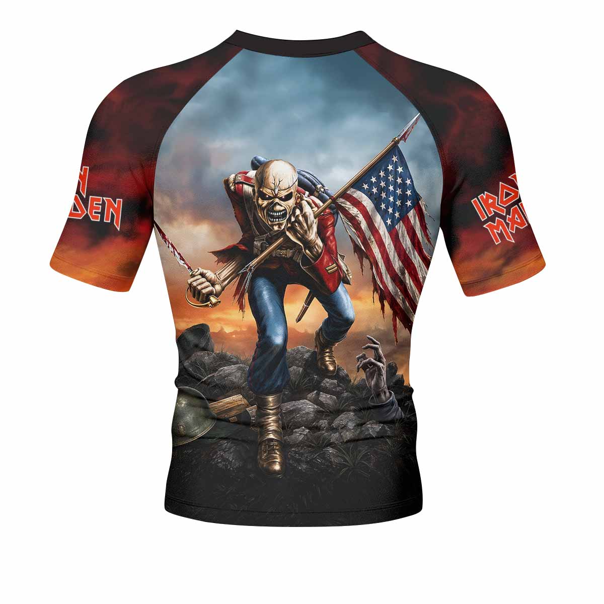 Iron Maiden American Flag Men's Rash Guard Short Sleeve - back view mockup