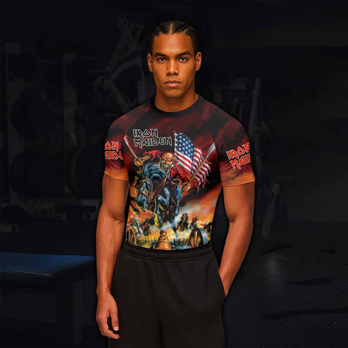 Iron Maiden American Flag Men's Rash Guard Short Sleeve - lifestyle view