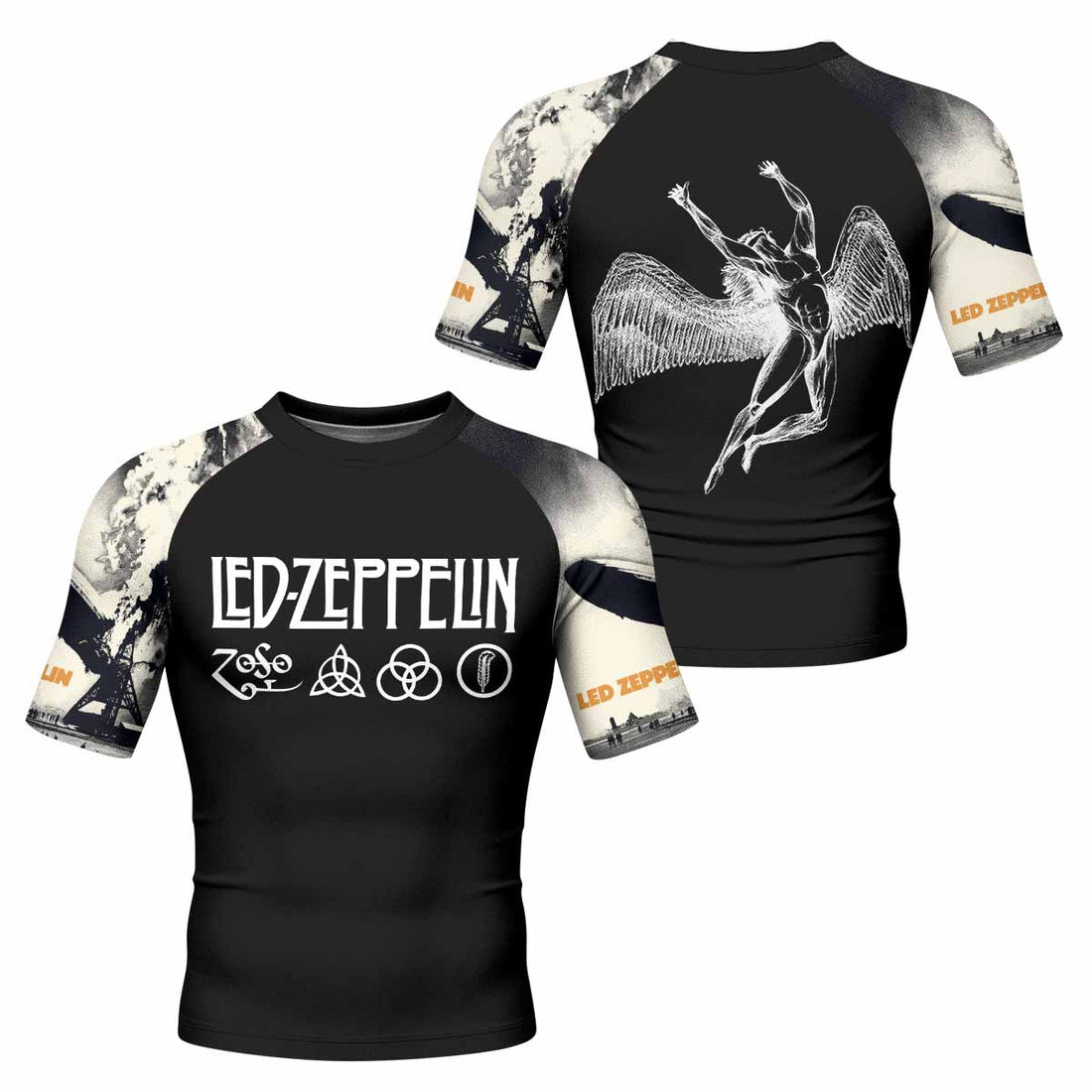 Led Zeppelin Men's Rash Guard Short Sleeve - front and back view