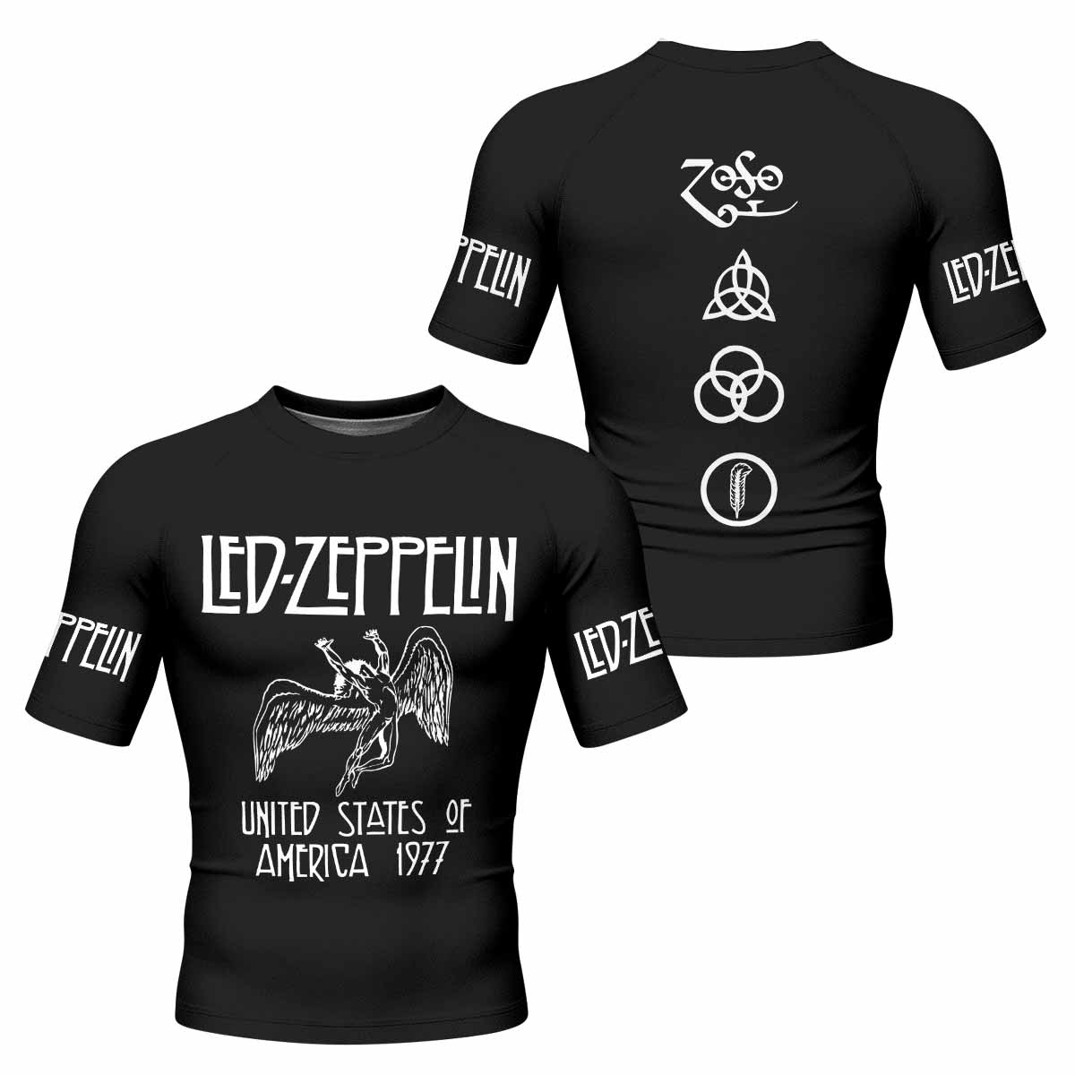 Led Zeppelin North American Tour 1977 Men's Rash Guard Short Sleeve - front and back view