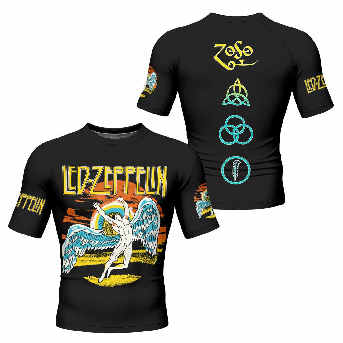 Led Zeppelin North American Tour 1975 Men's Rash Guard Short Sleeve - front and back view