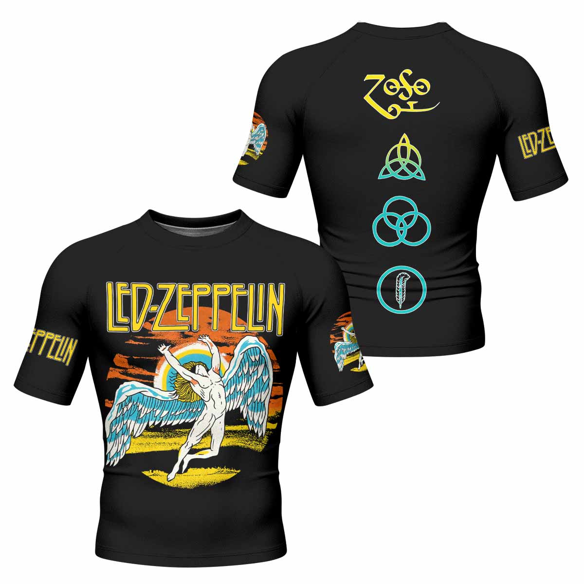 Led Zeppelin North American Tour 1975 Men's Rash Guard Short Sleeve - front and back view