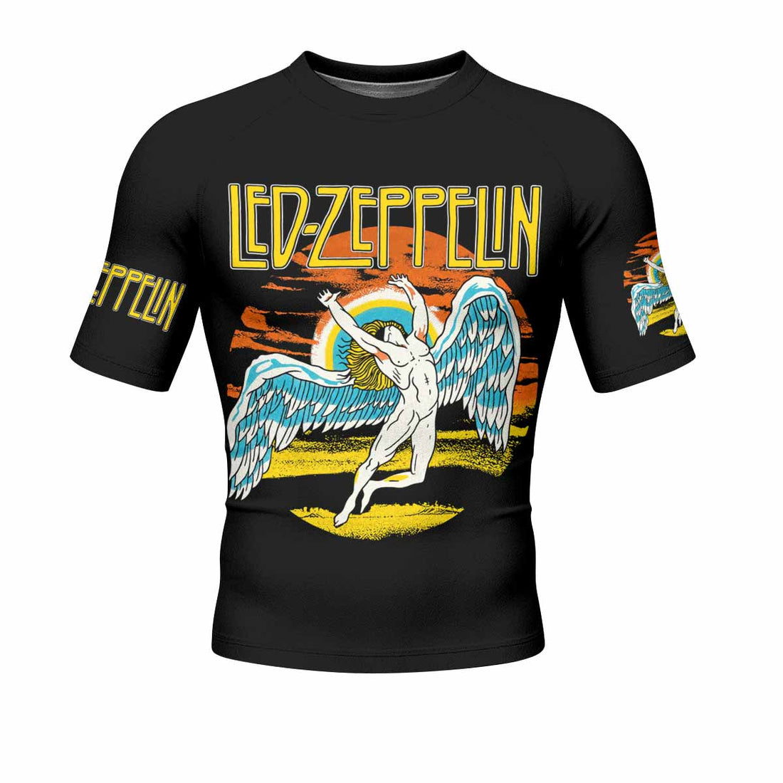 Led Zeppelin North American Tour 1975 Men's Rash Guard Short Sleeve - front and back view