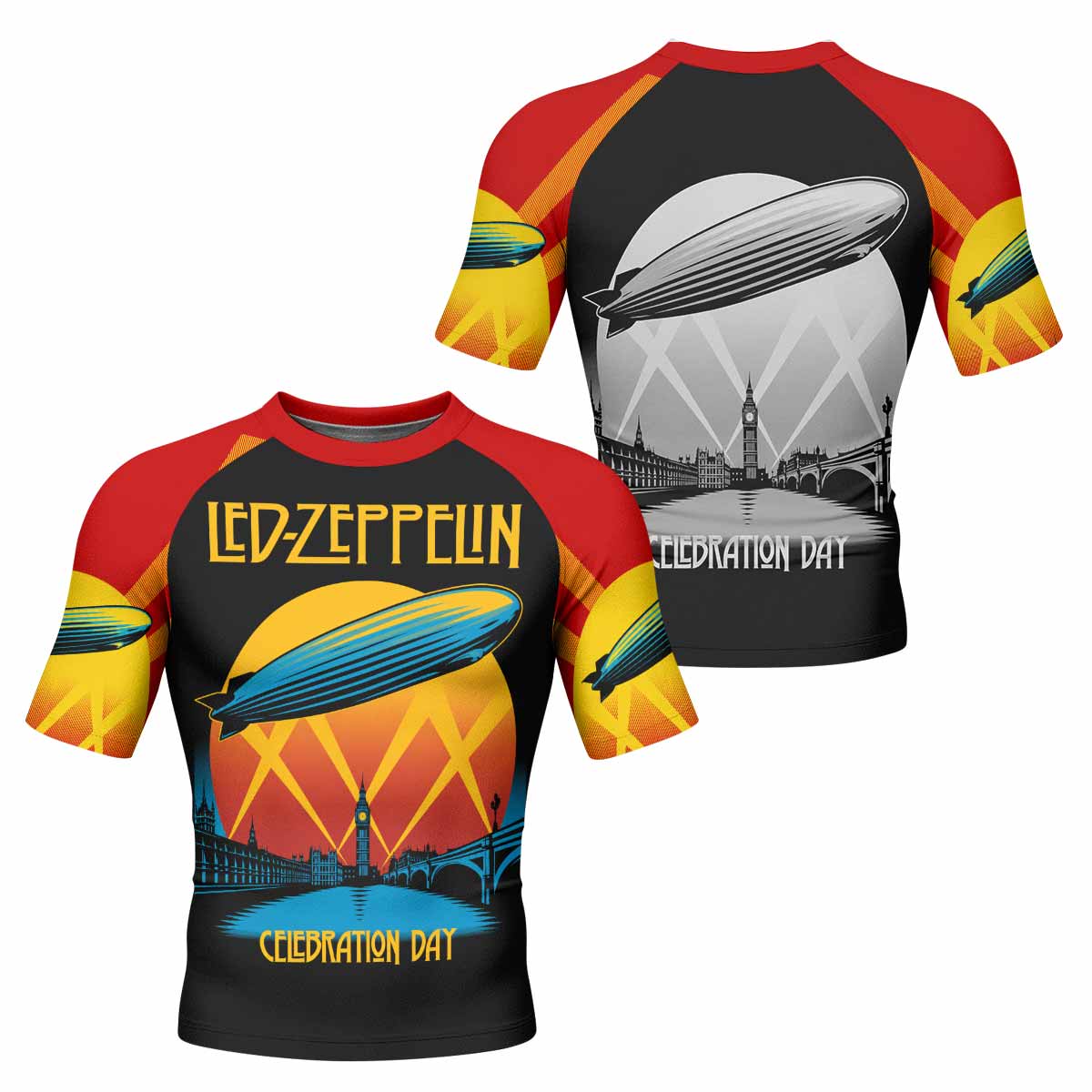 Led Zeppelin Celebration Day Men's Rash Guard Short Sleeve - front and back view