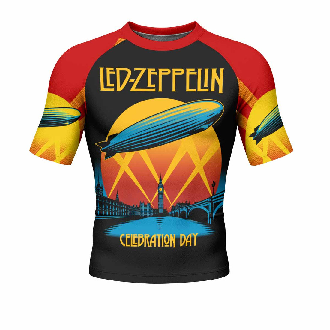 Led Zeppelin Celebration Day Men's Rash Guard Short Sleeve - front and back view