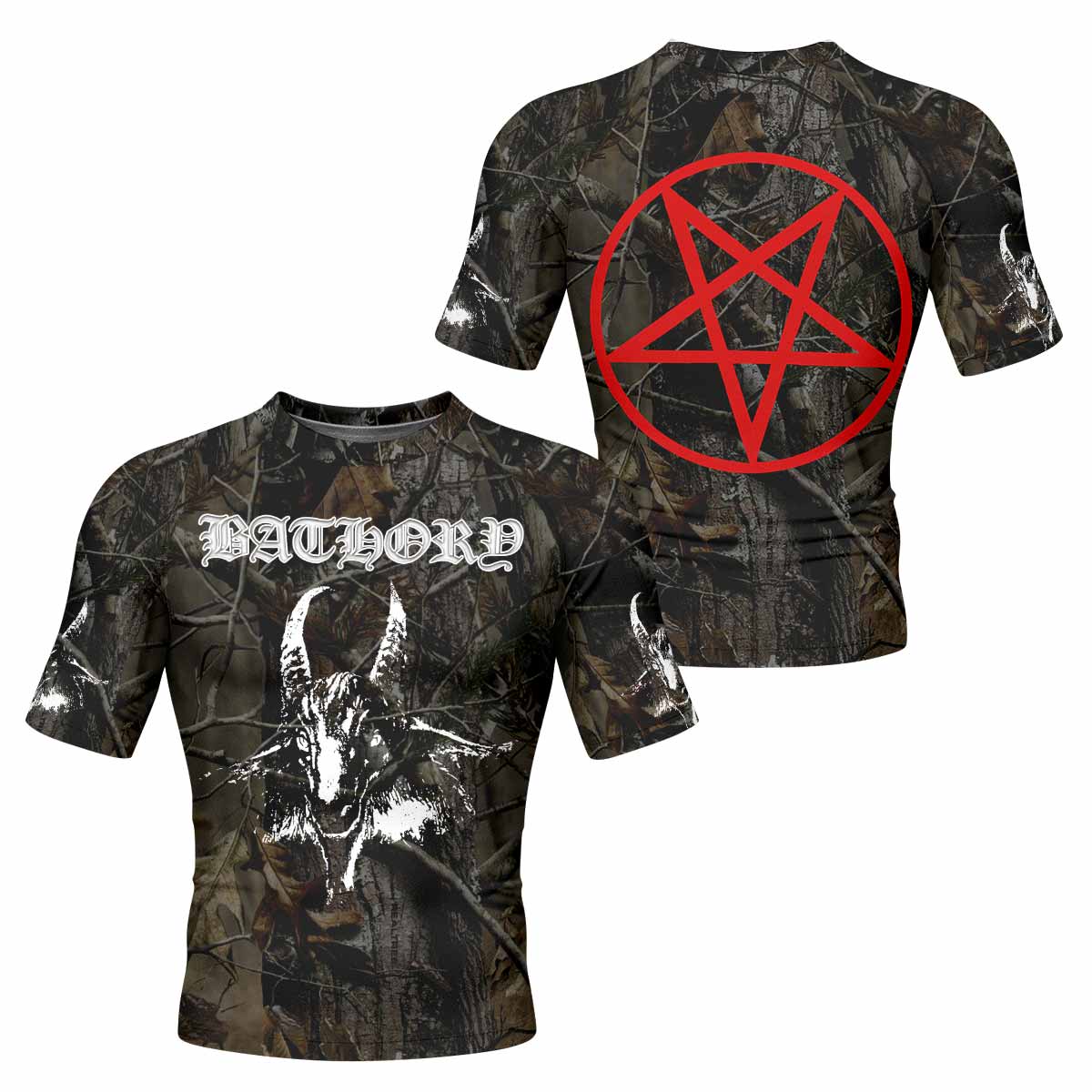 Bathory Sigil of Baphomet Men's Rash Guard Short Sleeve - front and back view