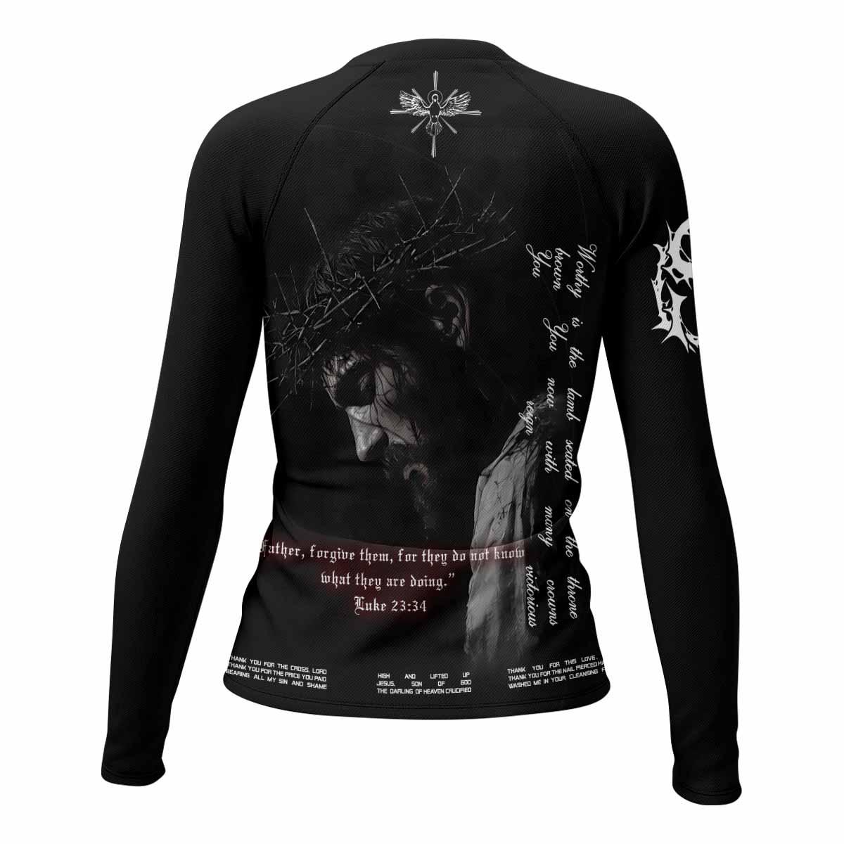 Crucified Silence Women's Rash Guard Long Sleeve - back view mockup
