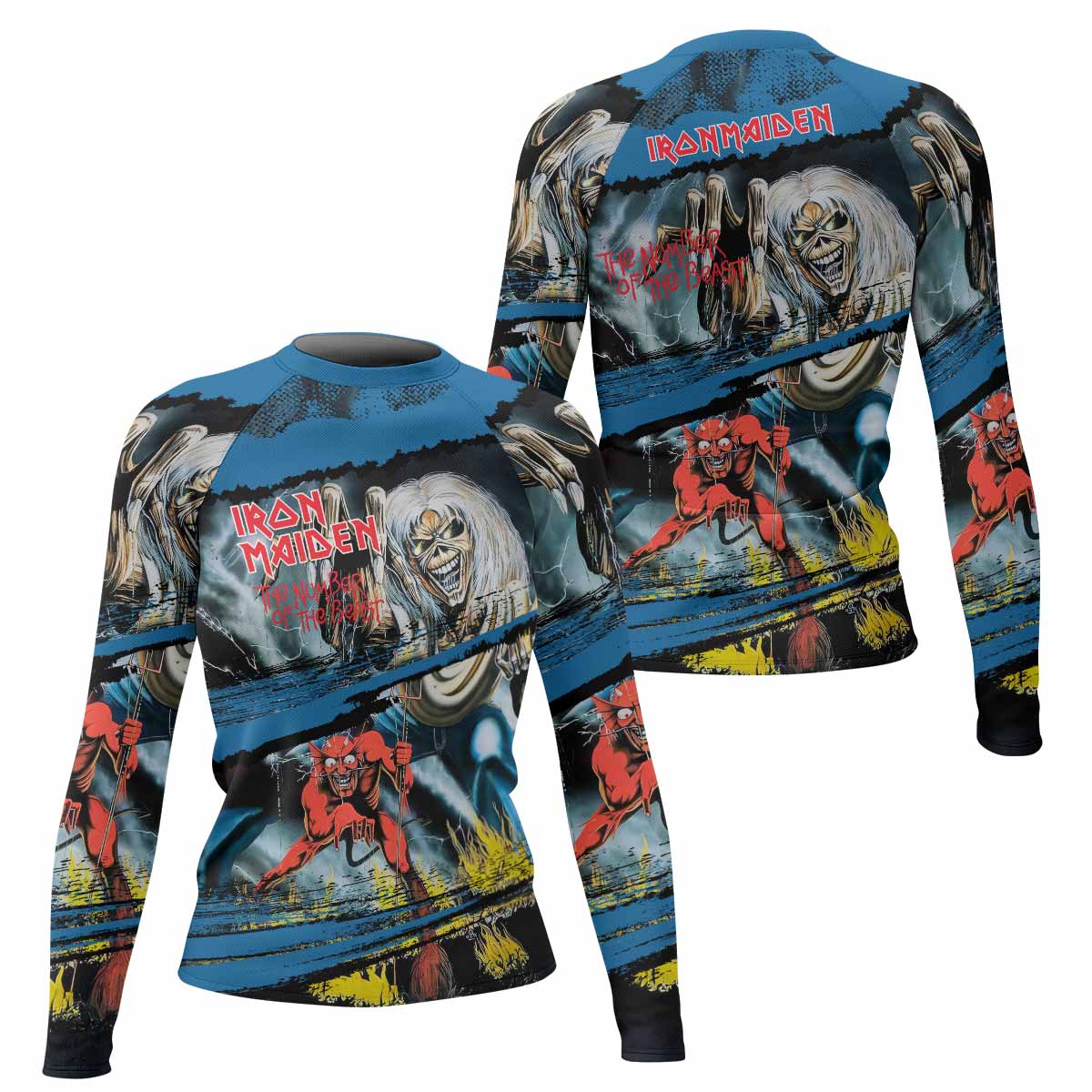 Iron Maiden The Number of the Beast Women's Rash Guard Long Sleeve - front and back view