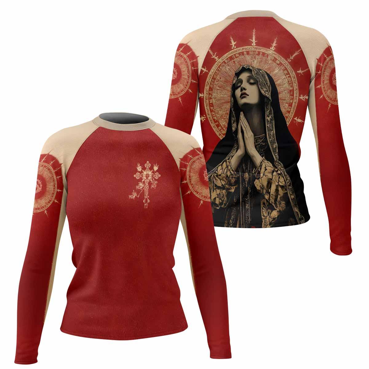 Mother of Sorrows Women's Rash Guard Long Sleeve - front and back view