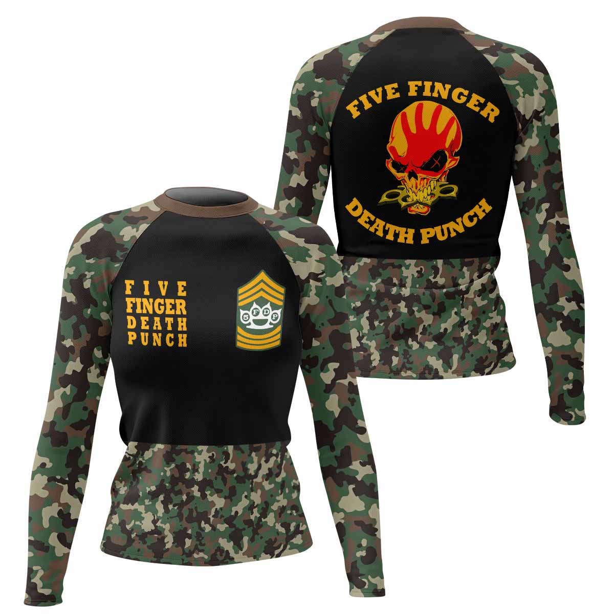 Five Finger Death Punch Camo Women's Rash Guard Long Sleeve - front and back view