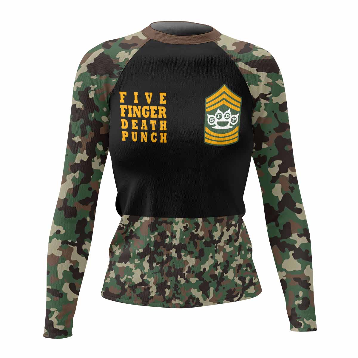 Five Finger Death Punch Camo Women's Rash Guard Long Sleeve - front view mockup